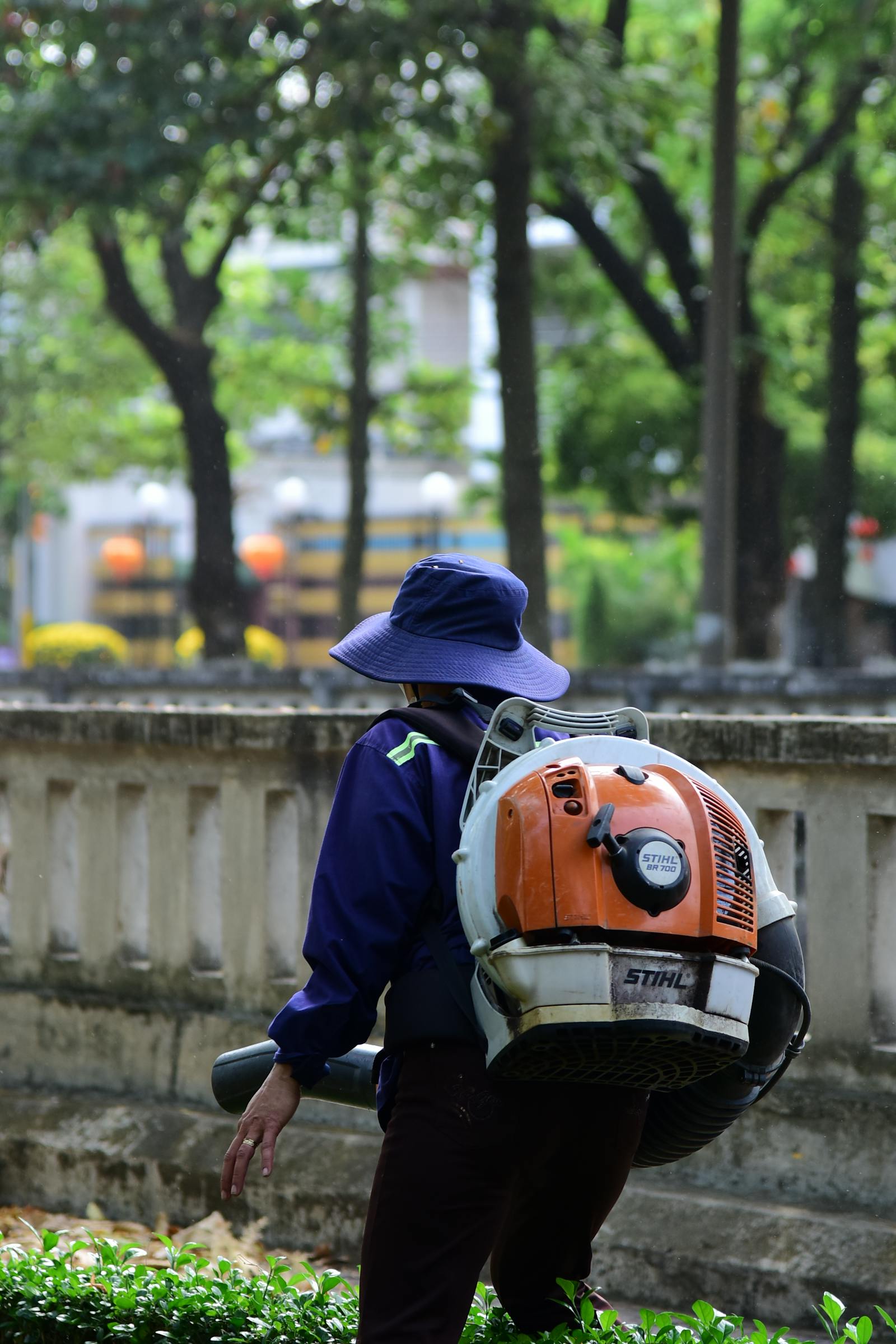 Backpack leaf blower clearing fallen leaves from a residential walk.